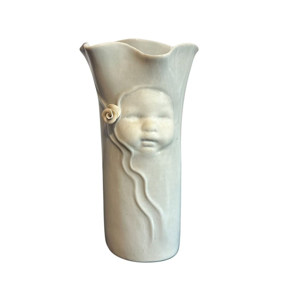 Vtg 1990 Blue Sky Porcelain Bisque Baby Face Rose 7" White Vase Artist Lund